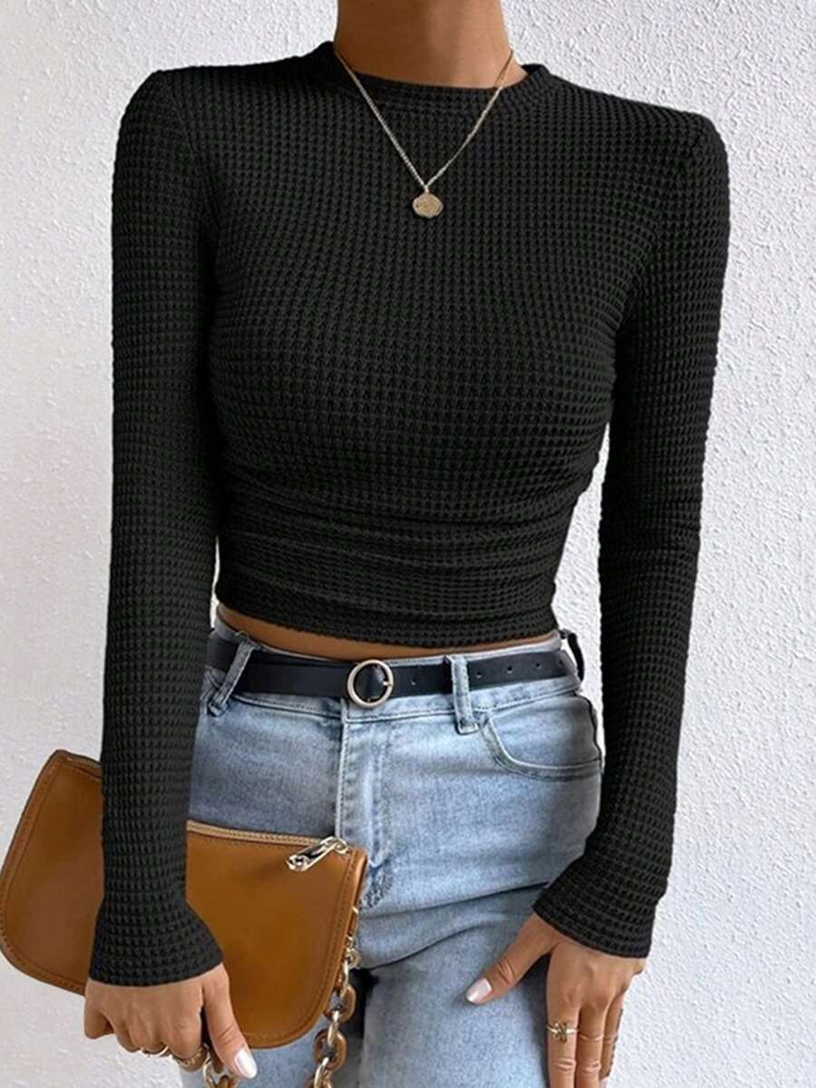 Women's Round - Neck Long - Sleeve Knit Top For Spring Fall Casual, Shopping Wear - 黑色 - 查看 1