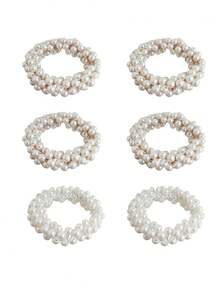 3条/4条/6条装 女士白色金色 3.54英寸/9厘米仿珍珠发圈，时尚百搭优雅简约纯色发绳，适合日常佩戴、休闲、派对、通勤、度假、扎马尾、盘发、洗脸、化妆、搭配服装等场合，发绳发饰橡皮筋 - 彩色 - 查看 7