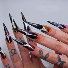 Stiletto Press On Nails Long Fake Nails Black Glue On Nail Sliver Ombre Acrylic Nails Rhinestone Bling False Nails 24Pcs Goth Y2k Manicure Stick On Nails Almond Glossy Artificial Nails - 多色13 - 查看 2
