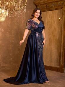 UNITHORSE [Random Print] Plus Size Women V-Neck Short Sleeve Fitted Sequin Satin Splice Elegant Evening Dress - Multicolor - View 3