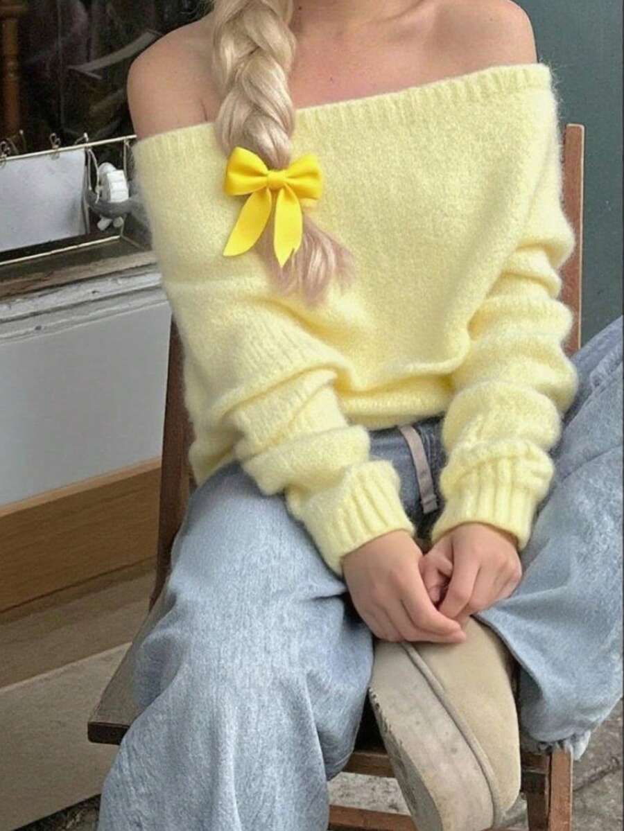 Suéter de punto con hombros descubiertos para mujer, de ajuste holgado, de manga larga, de color amarillo suave, adecuado para vacaciones, bodas, vacaciones, oficina, uso diario, otoño/invierno