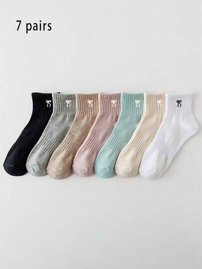 7 Pairs Women's Short Socks, Summer Thin Creative Bow Socks, Waist Binding Casual Socks, Women's Fashionable Mesh Sports Ankle Socks
