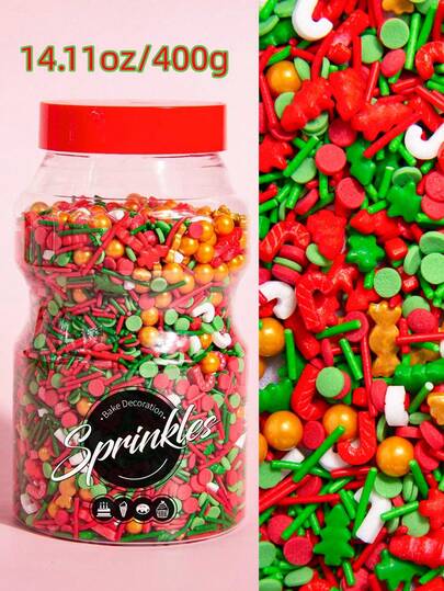 大瓶装-14.11盎司/400克，圣诞主题蛋糕装饰糖屑可食用圣诞树 - 手杖 - 混合形状，烘焙装饰圣诞糖屑适用于纸杯蛋糕饼干甜点派对用品