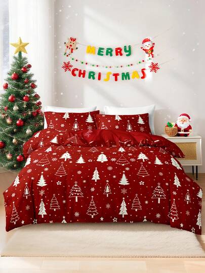 3pcs/Set Christmas Reindeer Christmas Tree Print Duvet Cover Set(1 Duvet Cover & 2 Pillowcase)Soft And Skin-Friendly Duvet Cover Bedding Set For Home, All Season Bed Sheets Set Christmas Gift
