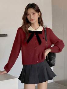 秋冬学院风撞色蝴蝶结翻领长袖刺绣女士毛衣上衣开衫羊毛衫，街头潮流 - 紅色 - 查看 2