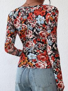 Women's Autumn Long-Sleeved Henry Shirt T-Shirt Button Ribbed Knit Fashion Tight Basic Top Shirt - Nền đen với họa tiết nhiều màu sắc - Xem 2