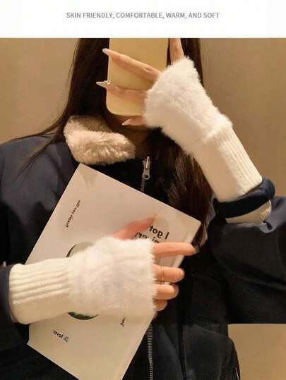 1 Pair Winter Mink Plush Half Finger Gloves, Warm And Cold-Proof For Students