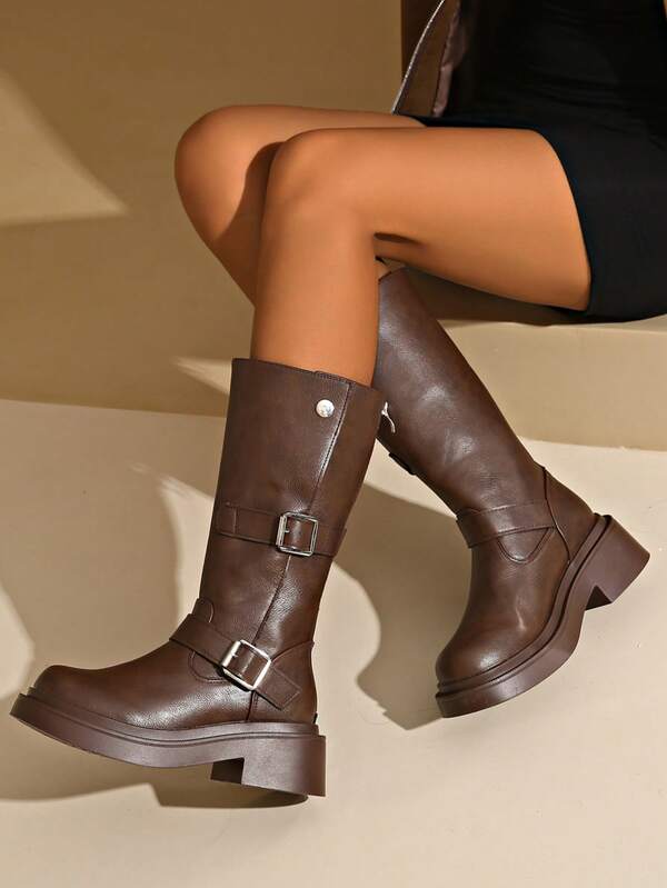 Go With Dress,Women's Black Fashion Boots New Buckle European And American Niche Thick Heel Thick Bottom Lightweight Western Pile Boots Pleated Boots Women's Autumn And Winter New Retro Motorcycle Boots Slim Fashion Knight Boots Brown Shorts