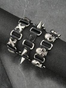 1 pieza Brazalete de cuero de estilo punk personalizado, accesorio de muñequera de cuero con remaches de calavera minimalista y feroz de estilo hip hop - Negro - Ver 1