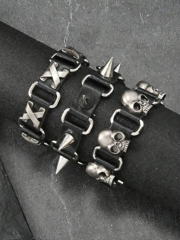 1 pieza Brazalete de cuero de estilo punk personalizado, accesorio de muñequera de cuero con remaches de calavera minimalista y feroz de estilo hip hop