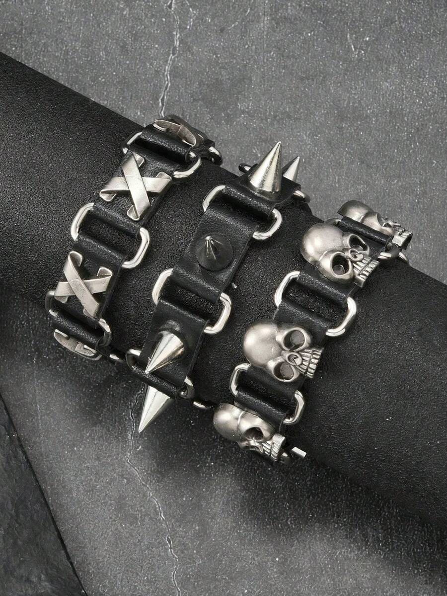 1 pieza Brazalete de cuero de estilo punk personalizado, accesorio de muñequera de cuero con remaches de calavera minimalista y feroz de estilo hip hop - Negro - Ver 1