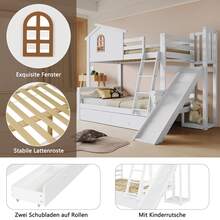Etagenbett mit charakteristischen Fenstern und vierstufiger Kipptreppe, Kinder und Mutterbett mit Rutsche, mit zwei Schubladen, Bettrahmen aus Massivholz, Weiß, 90x200 & 120x200cm