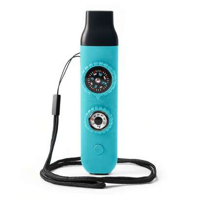 七合一生存多功能工具口哨，ABS户外安全口哨，带指南针、放大镜、信号镜、LED灯、温度计、挂绳，适用于皮划艇、划船、徒步旅行、露营、登山、钓鱼、救援。耐用的生存工具，适合冒险爱好者，户外多功能工具