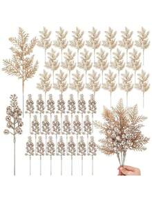 10 Pcs Christmas Decorations Set With Glitter Pine Branches & Berry Stems - For Xmas Tree Decor, Gift Wrapping, Party Home Decor, Ornament Crafting, Wreath Making, Holiday Festive Decorations (Gold/Silver/Champagne/Red) - Perfect Christmas Party Home Decor & Gift Supplies