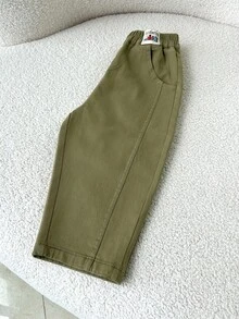 小男孩春秋休閒長褲，學院風，鬆緊腰頭，戶外穿著，可機洗，舒適休閒套裝，適合 - 軍綠色 - 查看 3