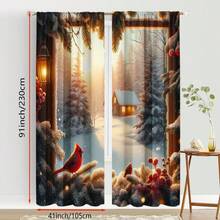 2pcs Warm Winter Cabin Pattern Curtains, Cozy Design Light - Filtering Polyester Curtains For Christmas Home Windows, Rod Pocket Curtains For Living Room & Bedroom Decor