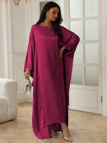 Unadoll Women's Pure Color Loose Waist Bat Sleeve Beach Vacation Graduation Season Colored Ding Robe Dress