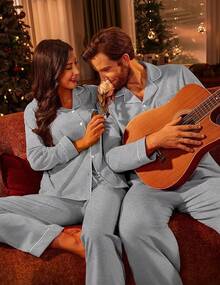 Couple Matching Pajamas 100% Cotton Long Sleeve Sleepwear Button Down Loungewear Pjs Set S-XXLhalloween - 淺灰色 - 查看 2