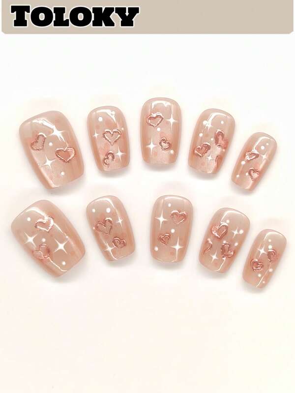 10pcs Handmade Press On Nails Short Nails Square Nails Tips Pink Star Cute Hand-Painted With 3pcs Nail Art Tools Nail Glue Nail Supplies Fake Nails For Women And Girls To Party Travel Daily School Loving Heart Press On Nail Charms Press On Nails Short Fake Nails Nail Accessoriesnail Art