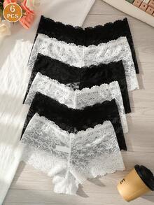 6pcs Women's Lace Floral Design Underwear, Minimalist Comfortable Sexy Ladies Panties, Briefs & Hipsters