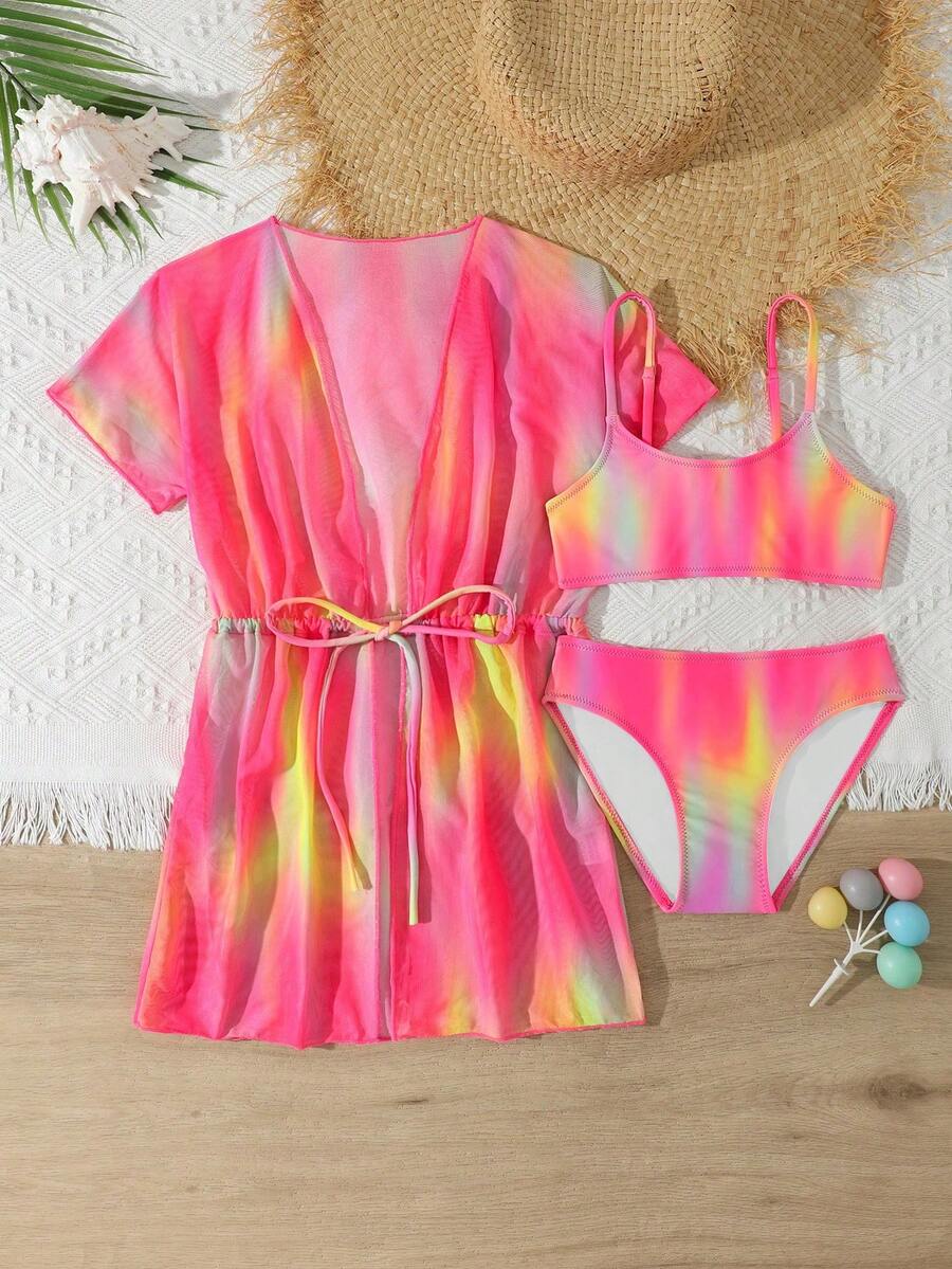 Tween Girl 3packs Random Tie Dye Drawstring Waist Bikini Set Summer Beach - Pink - View 1