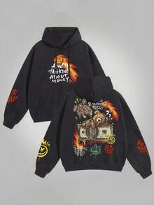 男士休闲街头风金钱与熊元素印花连帽卫衣，秋冬款，长袖上衣 - 黑色 - 查看 1