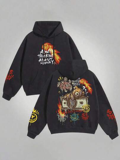 男士休闲街头风金钱与熊元素印花连帽卫衣，秋冬款，长袖上衣