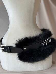 1pc Plus Size Women's Black/Leopard Faux Bullet Fur Belt, Heavy Metal Punk Rock Gothic Style, Flattering Waist, Hip And Thigh - Multicolor - View 5