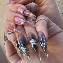 Stiletto Press On Nails Long Fake Nails Black Pink Ombre Glue On Nails 3d Ripple Sliver Chrome Y2k Acrylic Nails 24Pcs Goth Handmade Almond False Nails Manicure Full Cover Stick On Nails - 多色9 - 查看 1