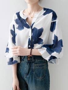 女士夏季服装，花卉印花纽扣荷叶边前扣女式衬衫，时尚优雅喇叭袖上衣，夏季女士沙滩度假装 - 藏蓝色 - 查看 5