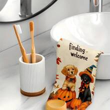 2pcs/100pcs Thanksgiving Autumn Pumpkin And Dog Print Pattern Kitchen Towel Set, Suitable For Restaurant, Kitchen, Bathroom Interior Decoration, Party Decoration, Holiday Gift, Can Be Given As A Thanksgiving Gift - Multicolor - View 2