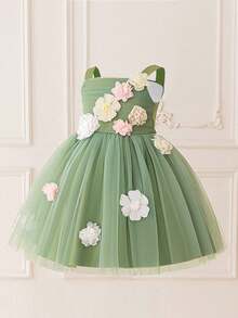 Young Girls' Sleeveless 3D Floral Mesh Tulle Elegant Flower Girl Dress For Wedding, Party, Vacation, Excluding Headband - 綠色 - 查看 3