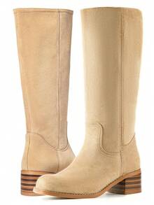 Wide Calf Nude Knee High Campus Boots For Women, Square Toe Chunky Block Low Heel Vintage Long Boots For Holiday - Khỏa thân - Xem 3