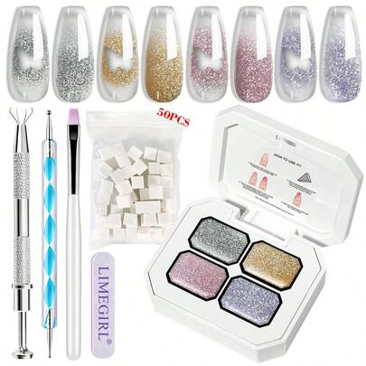  LIMEGIRL 免洗凝胶指甲套装，4 色闪光渐变指甲油套装，免洗凝胶法式指甲美甲免擦拭浸泡 UV DIY 艺术家庭沙龙