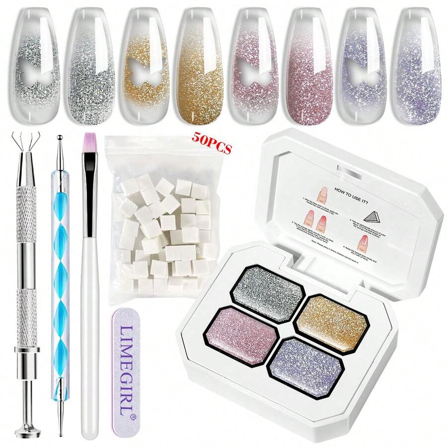 LIMEGIRL 免洗凝胶指甲套装，4 色闪光渐变指甲油套装，免洗凝胶法式指甲美甲免擦拭浸泡 UV DIY 艺术家庭沙龙 - 彩色 - 查看 1