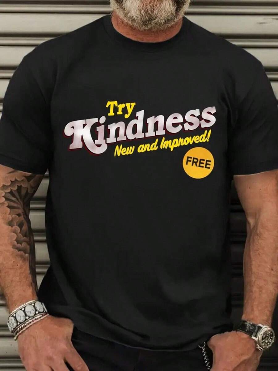 [Free Shipping]Plus Size Men's Casual Crew Neck T-Shirt With 'Try Kindness New And Improved' Slogan - 100% Polyester, Slight Stretch Fabric, Knit, Ideal For,Nightmare Before Christmas,Christmas,Halloween Costumes,Funny T Shirts,Summer Outfits,Thanksgiving Day,Men Graphic Tees,Streetwear Men,Freedom Shirt,Halloween Costumes For Men,Christmas,Funny Shirt,Graphic Tee,Vintage,Street Fashion, Sporty Casual, All Season, Y2K Clothing, Christmas, Gift For Boyfriend,Printed & Shipped In USA - màu đen - Xem 1