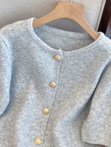 1pc Women's Solid Color Metallic Button Sweater, Casual Round Neck Short Sleeve Cardigan, Versatile Knit Sweater Tops, Autumn/Winter