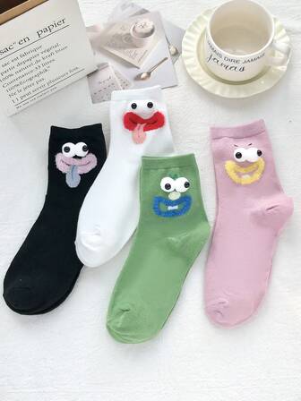 4双彩色多巴胺图案中筒袜，可爱休闲小腿袜，趣味眼球设计，男女通用情侣袜，适合日常休闲、运动、健身等场合，百搭女袜