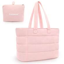 Bolso de tote esponjoso para mujeres, bolso de tote acolchado para viaje que cabe una computadora portátil de 15.6 pulgadas, bolso de nailon para trabajo para enfermeras, estudiantes universitarias, profesores (color rosa)