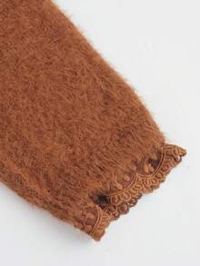Pull tricoté pour femme, col rond, patchwork en dentelle moelleux de couleur unie, manches longues élégantes et décontractées, idéal pour les saisons de printemps et d'automne - Couleur café - Voir 4