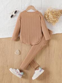 Girls' Solid Color Ribbed Long Sleeve Top + Pants Set - Khaki - View 2