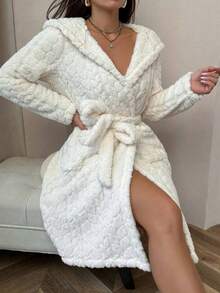 Coral Fleece Hooded Bathrobe, 3D Tortoiseshell Texture, Soft Comfortable Absorbent Loungewear - Multicolor - View 2