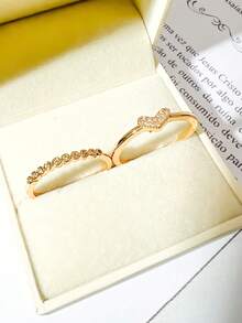 2pcs Elegant And Simple Heart Women's Rings, Luxury Niche Design With 18k Gold 925 Silver - Vàng - Xem 11