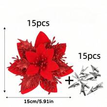 10/30 szt. czerwonych poinsecji, sztuczne kwiaty świąteczne z klipsami, 5,5" brokatowy sztuczny kwiat poinsecji, ozdoby choinkowe, girlanda, dekoracja świąteczna