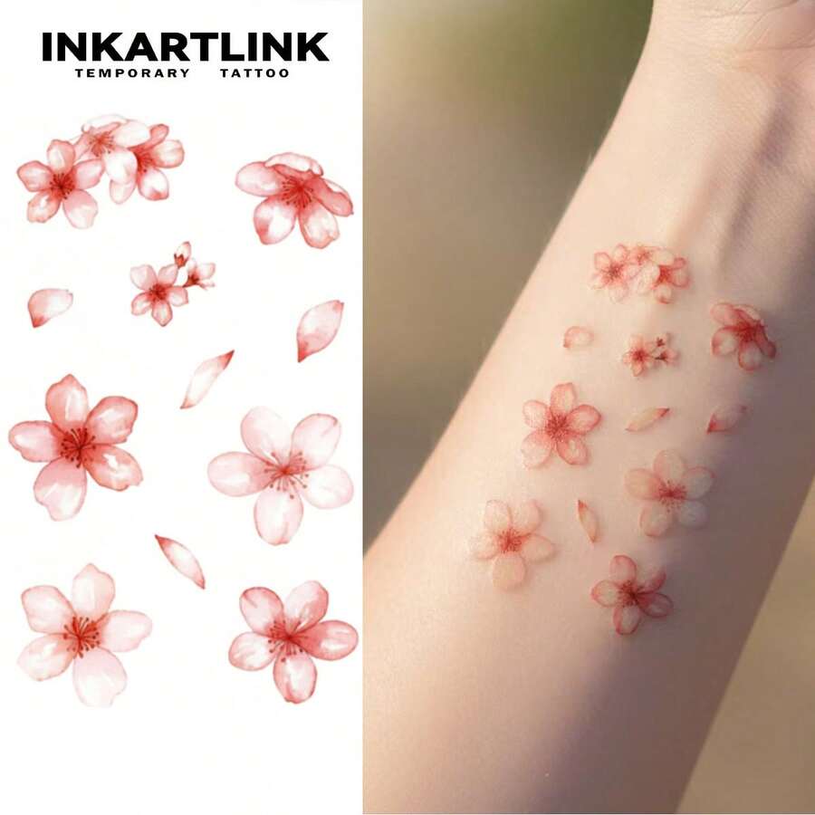 INKARTLINK INKARTINK Pink Falling Sakura Flower Temporary Tattoo, Waterproof & Long-Lasting 2-5 Days, Colorful Water Transfer Tattoo Sticker, Realistic Fake Tattoo, Niche Design Decoration