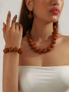 1 Set de 4 piezas de Collar, Pulsera Elástica, Aretes de Estilo Bohemio Retro Exagerado con Cuentas Geométricas de Plástico, Juego de Joyas como Regalo para Mujeres, Uso Diario