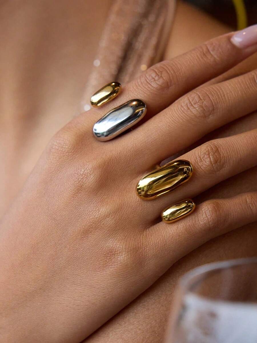 Dual-Tone Geometric Double-Layer Ring, Stainless Steel Waterproof ...