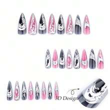 Stiletto Press On Nails Long Fake Nails Black Pink Ombre Glue On Nails 3d Ripple Sliver Chrome Y2k Acrylic Nails 24Pcs Goth Handmade Almond False Nails Manicure Full Cover Stick On Nails - 多色9 - 查看 5