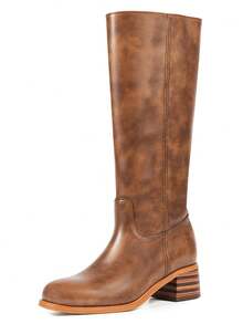 Wide Calf Dark Brown Knee High Campus Boots For Women, Square Toe Chunky Block Low Heel Vintage Long Boots For Holiday - nâu sẫm - Xem 3
