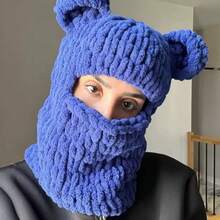 Ny stickad mössa med björnöron för kvinnor, stickad mössa med förtjockad ansiktsmask för vuxna, höst/vinter - A - Visa 11